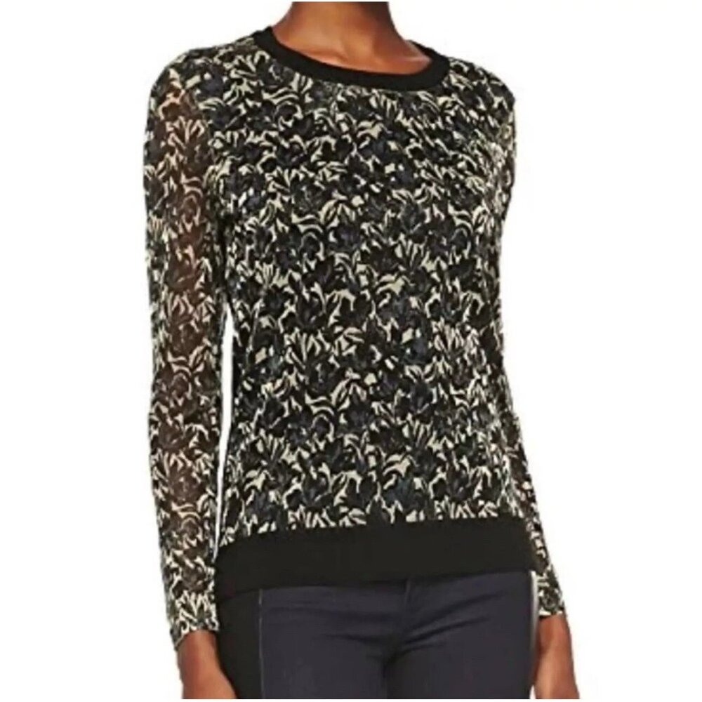Tory Burch Metallic Floral Merino Wool Sweater Size M Long Sheer Sleeve